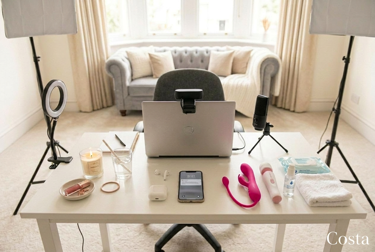 Costa Model Management studio on High Street Kensington, with ring light, laptop, microphone and softbox lighting.